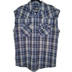 Canyon Guide Outfitters Men's Blue Plaid Sleeveless Shirt Sz Large Pearl Buttons